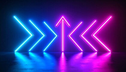 Glowing neon arrows, pointing up and sideways, reflected on a dark floor