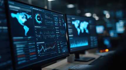 Two computer monitors display data analytics and global maps in a modern office environment. The screens show graphs and statistics related to technology.