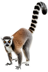 Fototapeta premium a Ring-tailed Lemur standing on a solid white background. The lemur is facing forward with its distinctive long tail held high in the air, showcasing its characteristic black and white stripes.