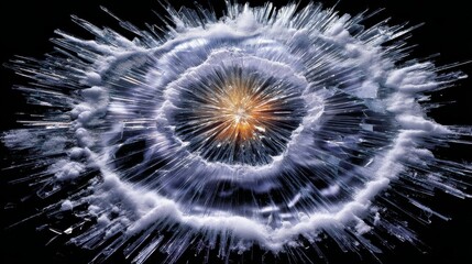 Obraz premium Bullet Impact Creating Dynamic Explosion on Curved Glass Surface with Radiant Particles and Light Effect