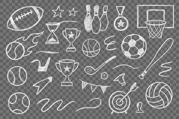 Chalkboard style set of diverse sports equipment icons displaying active recreational elements with trophies and time measuring tools on a transparent background for design