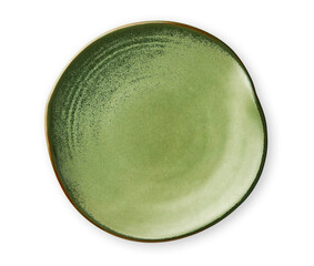 Empty olive green plate with wavy edge, Frilled plate in wavy pattern, View from above isolated on white background with clipping path   
