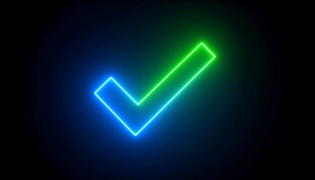 Glowing neon checkmark, blue and green, dark background - Powered by Adobe