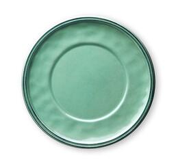 Empty ceramics plates, Classic turquoise plate, isolated on white background with clipping path, Top view