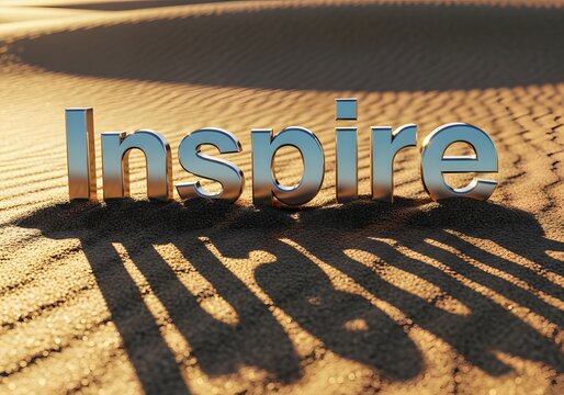 Inspire written in metallic letters on sandy terrain, evoking motivation and positive energy