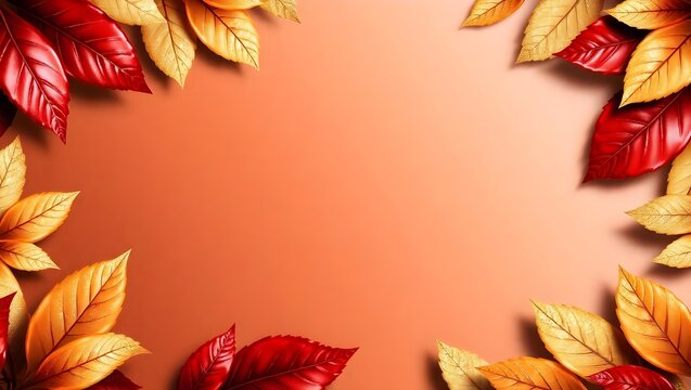 Luxurious 4K artistic glossy leaves border in burgundy red champagne beige gold shimmer with clean center