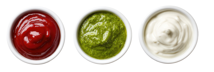 Three small white bowls filled with different sauces (7)