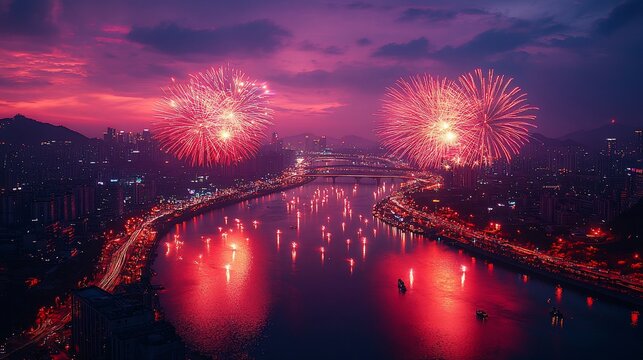 Fireworks over a city at dusk, with lights reflecting in the water - Powered by Adobe