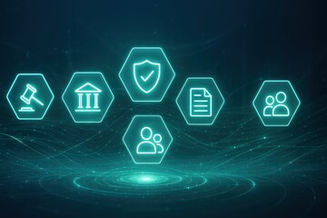 Conceptual Legal Security Icons: A futuristic digital artwork showcasing a collection of glowing hexagonal icons, symbolizing the essence of security, protection, and regulatory compliance.