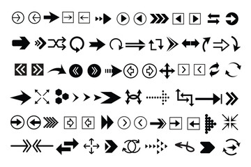 Modern vector black solid arrow icon set including navigation pointers, geometric direction arrows, reload and rotation signs, user interface design elements, web navigation symbols, infographic arrow
