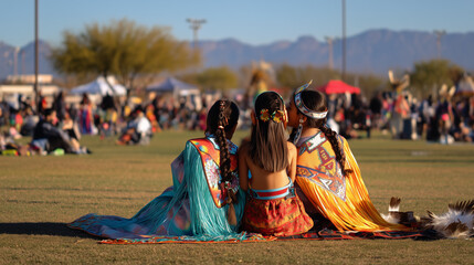 Beautiful Native American Pow Wow Celebration with Women in Traditional Regalia, Colorful Outfits, Cultural Heritage, and Spiritual Gathering Outdoors