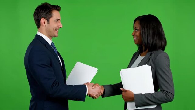 Diverse Professional Man and Woman in Business Suits Shaking Hands in Agreement on a Green Screen