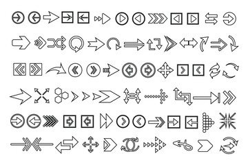 High quality vector arrow icon collection with creative outline line style design including circular arrows, direction symbols, navigation pointers, UI interface elements and infographic design resour