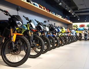 Showroom of various motorcycles displayed neatly in rows