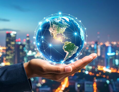 Hand holding a digital globe over a city