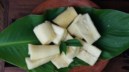top view of boiled casava or singkong rebus, selective focus