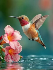 National Hummingbird Day Ruby-Throated Hummingbird Hovering by Mandevilla Flower Summer Celebration with High-Quality Nature and Wildlife Marketing Content