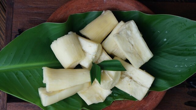 top view of boiled casava or singkong rebus, selective focus