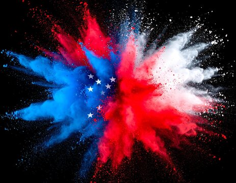 Red, white, and blue powder explosion against a black background (1)