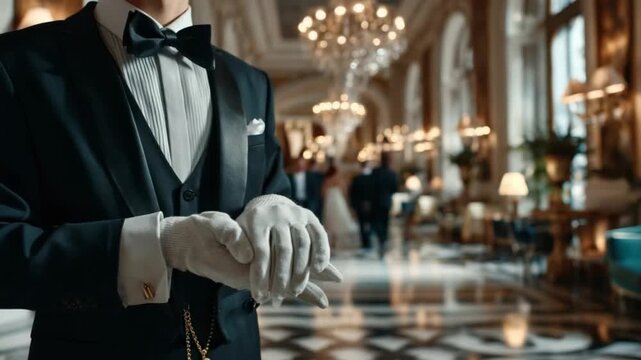 Elegant Service: A well-dressed attendant with white gloves stands poised, embodying the essence of attentive service in a luxurious environment.