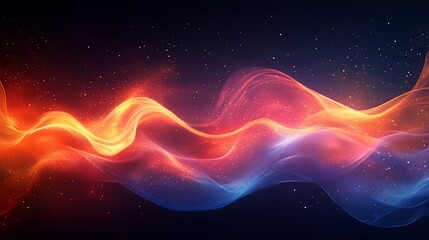 Obraz premium Abstract design with flowing waves of vibrant orange, red, and blue, accented with shimmering particles