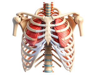 3D Cross-Section of Human Ribcage Showing Internal Thoracic Structures, Isolated Transparent Background