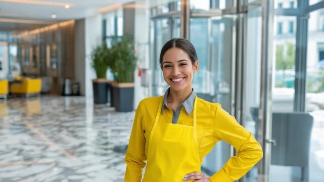 Smiling Professional at Entrance: A beaming individual in uniform stands confidently at the entrance of a contemporary establishment, embodying the essence of excellent service and warm welcome.