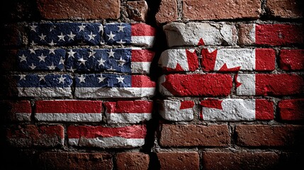 US and Canadian flags painted on a cracked brick wall