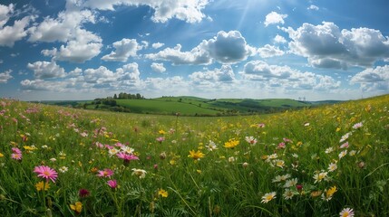 Obraz premium Spring Landscape, Rolling green meadow dotted with colorful wildflowers, fresh blooming trees, and soft sunlight under a bright blue sky with fluffy white clouds.