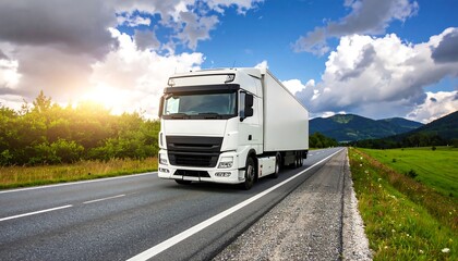 White semi-truck driving on a highway through a scenic landscape