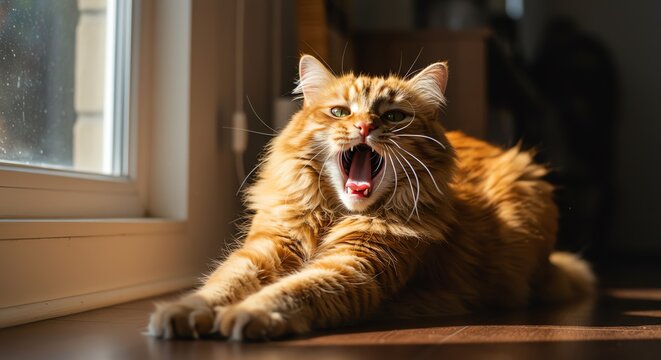 Orange cat yawning near window indoors - Powered by Adobe