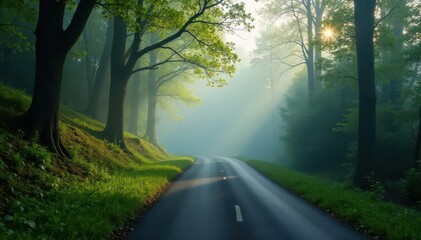 Obraz premium Misty spring morning, winding country road cuts through dense fog-laden forest , nature, morning