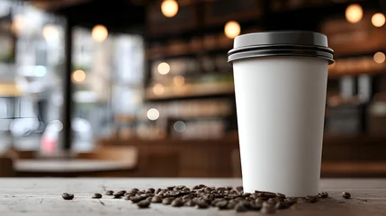 Acrylglasbilder Kaffee Bar Enjoy a hot takeaway coffee in a modern cafe setting with scattered beans creating a warm, inviting mood for your brand or coffee shop promotion  © Sipolos