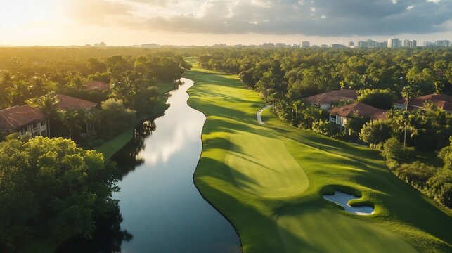 Aerial view of luxurious golf course with river during sunset ambiance