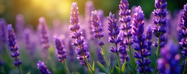 Obraz premium Purple lavender blooms densely packed, sunlight dappled , summer, herbal, blossom