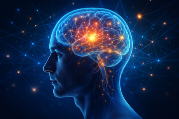 Obraz premium AI generated digital art of a human head with glowing brain energy and neural light connections symbolizing creativity knowledge and cosmic consciousness