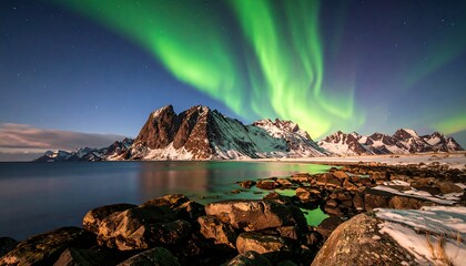 Vibrant aurora borealis illuminates snow-covered mountains and calm coastal waters at night