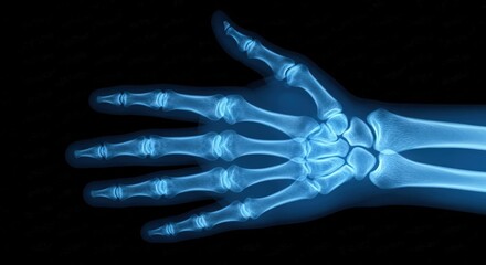 X-ray image of a human hand showing the bones, joints, and structure of the hand, fingers, and wrist against a black background
