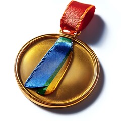 Close-up of a gold medal with a ribbon.