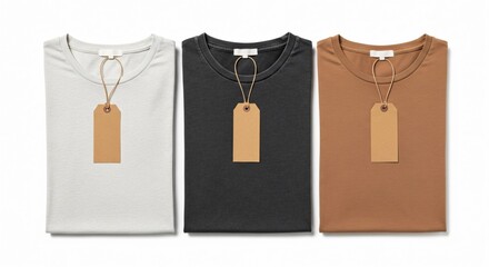 Three folded t-shirts with blank tags, minimalist fashion display