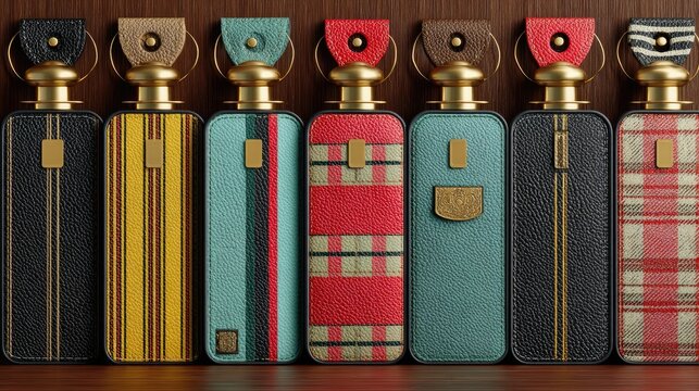 Row of decorative keychains, leather-cased bottles