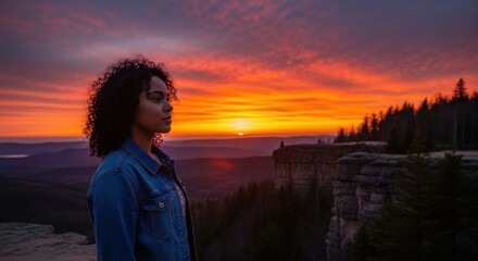 Fototapeta premium Woman enjoying a vibrant sunset overlooking a forest and mountains