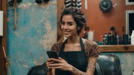 Salon's Tech-Savvy Stylist: A skilled stylist in a vintage salon setting uses her smart phone