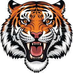 Naklejka premium Set of Tiger Head Illustration Vector — Fierce Expression with Open Mouth, Sharp Fangs, and Bold Orange-Black Stripes in Stylized Wildlife Design