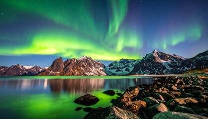 Vibrant aurora borealis reflected in calm water, illuminating snow-capped mountains