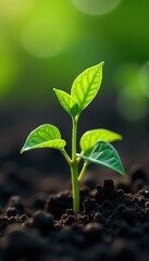 Young pea plant pushing through dark soil, early growth stage , macro, background, stem