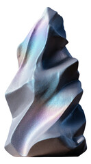 A sculptural abstract form with dynamic, flowing contours and a glossy surface reflecting iridescent colors.