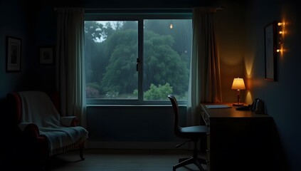 Fototapeta premium A peaceful interior scene with soft lighting, cozy furniture, and rain on the window. Rich in texture and mood, capturing a quiet, cinematic rainy-day moment. AI-Generated!