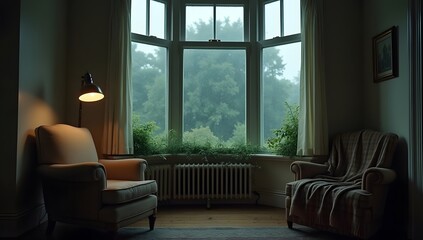 Fototapeta premium A peaceful interior scene with soft lighting, cozy furniture, and rain on the window. Rich in texture and mood, capturing a quiet, cinematic rainy-day moment. AI-Generated!