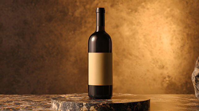 Sophisticated wine bottle on marble pedestal with gold background invites tasting room vibes and luxurious brand presentation showcasing a blank label